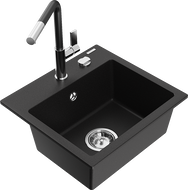 Mexen Milo granitový dřez 1-komorový s kuchyňskou baterií Flora, černý - 6505-77-670401-07