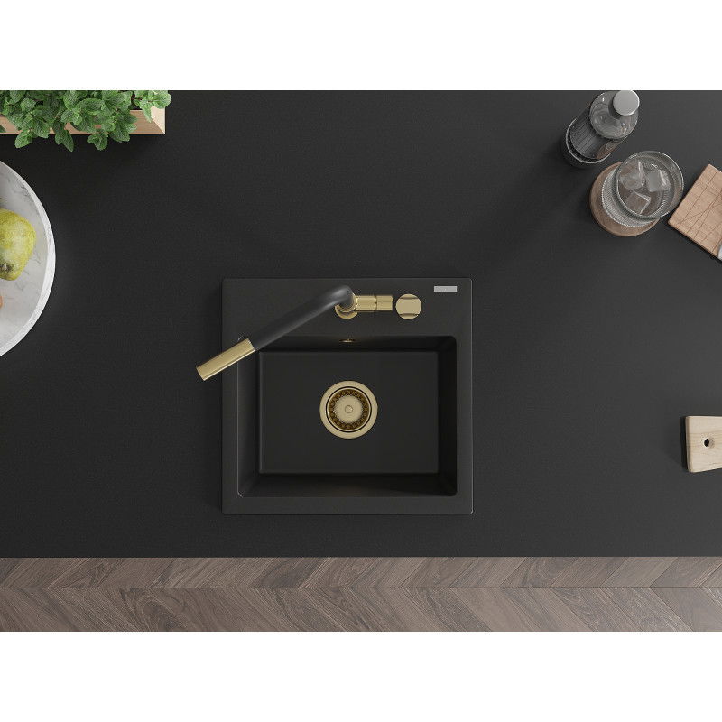 Mexen Milo granitový dřez 1-komorový s kuchyňskou baterií Flora, černý - 6505-77-670401-57-G