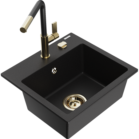 Mexen Milo granitový dřez 1-komorový s kuchyňskou baterií Flora, černý - 6505-77-670401-57-G