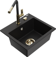 Mexen Milo granitový dřez 1-komorový s kuchyňskou baterií Flora, černý - 6505-77-670401-57-G