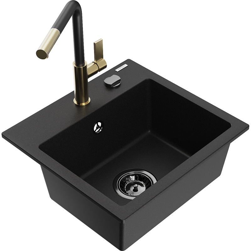 Mexen Milo granitový dřez s 1 komorou a kuchyňskou baterií Flora, černý - 6505-77-670401-57-B