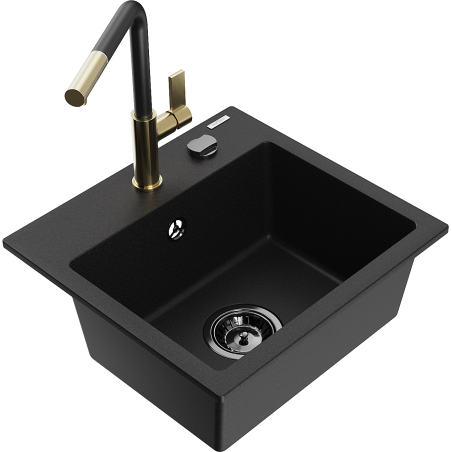 Mexen Milo granitový dřez s 1 komorou a kuchyňskou baterií Flora, černý - 6505-77-670401-57-B