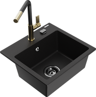 Mexen Milo granitový dřez s 1 komorou a kuchyňskou baterií Flora, černý - 6505-77-670401-57-B