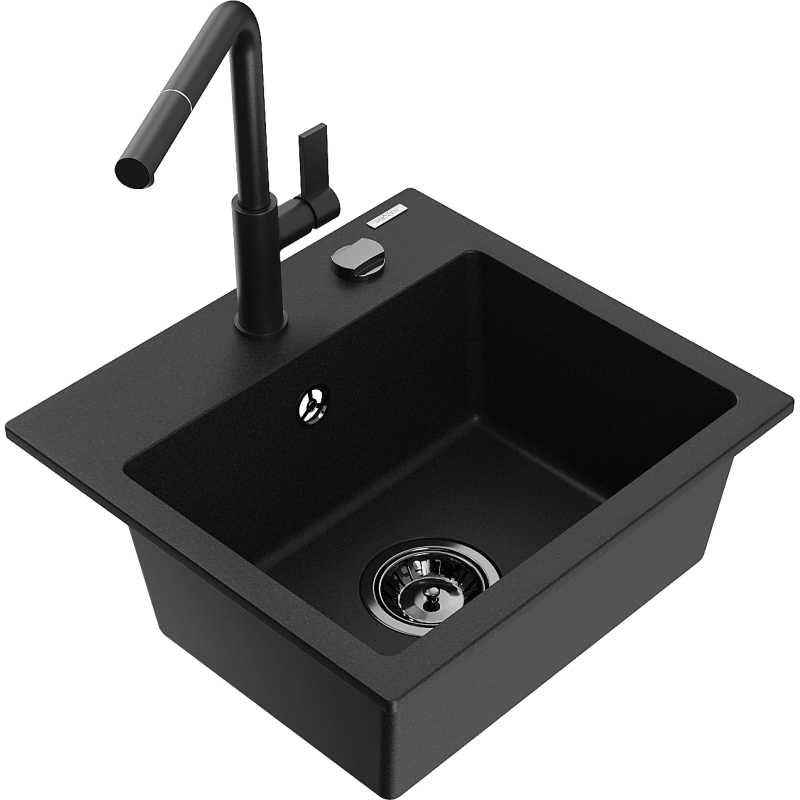 Mexen Milo granitový dřez 1-komorový s kuchyňskou baterií Flora, černý - 6505-77-670401-70-B