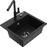 Mexen Milo granitový dřez 1-komorový s kuchyňskou baterií Flora, černý - 6505-77-670401-70-B