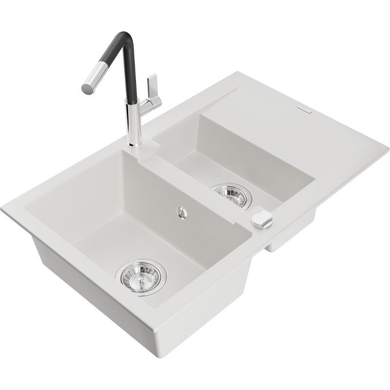 Mexen Gaspar granitový dřez 1,5 komorový s odkapávačem a kuchyňskou baterií Flora, bílý - 6507-20-670401-07