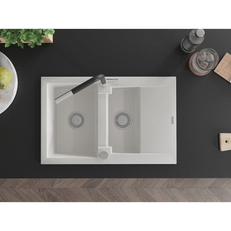 Mexen Gaspar granitový dřez 1,5 komorový s odkapávačem a kuchyňskou baterií Flora, bílý - 6507-20-670401-07