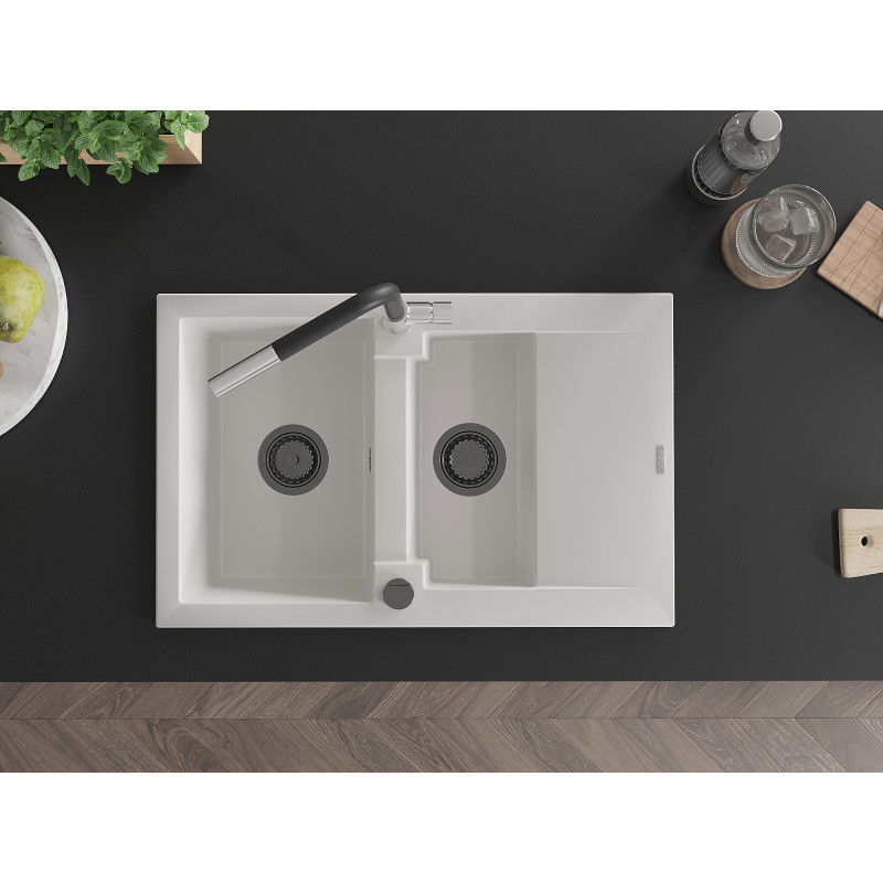 Mexen Gaspar granitový dřez 1,5-komorový s odkapávačem a kuchyňskou baterií Flora, bílý - 6507-20-670401-07-B