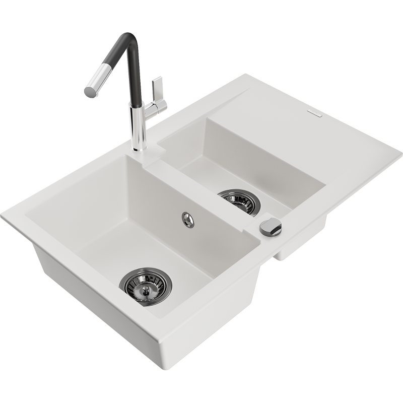 Mexen Gaspar granitový dřez 1,5-komorový s odkapávačem a kuchyňskou baterií Flora, bílý - 6507-20-670401-07-B