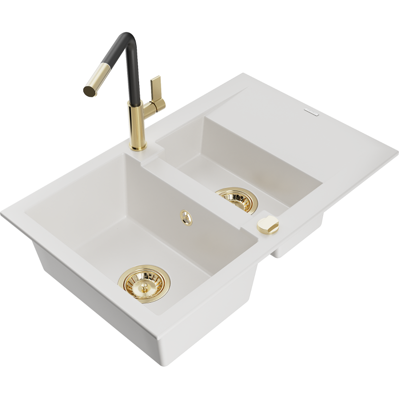 Mexen Gaspar dřez žulový 1,5-miskový s odkapávačem a kuchyňskou baterií Flora, bílý - 6507-20-670401-57-G