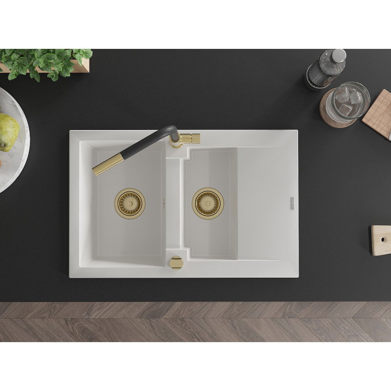Mexen Gaspar dřez žulový 1,5-miskový s odkapávačem a kuchyňskou baterií Flora, bílý - 6507-20-670401-57-G