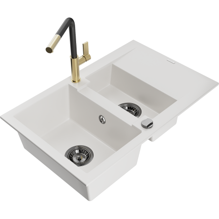 Mexen Gaspar granitový dřez 1,5-komorový s odkapávačem a kuchyňskou baterií Flora, bílý - 6507-20-670401-57-B