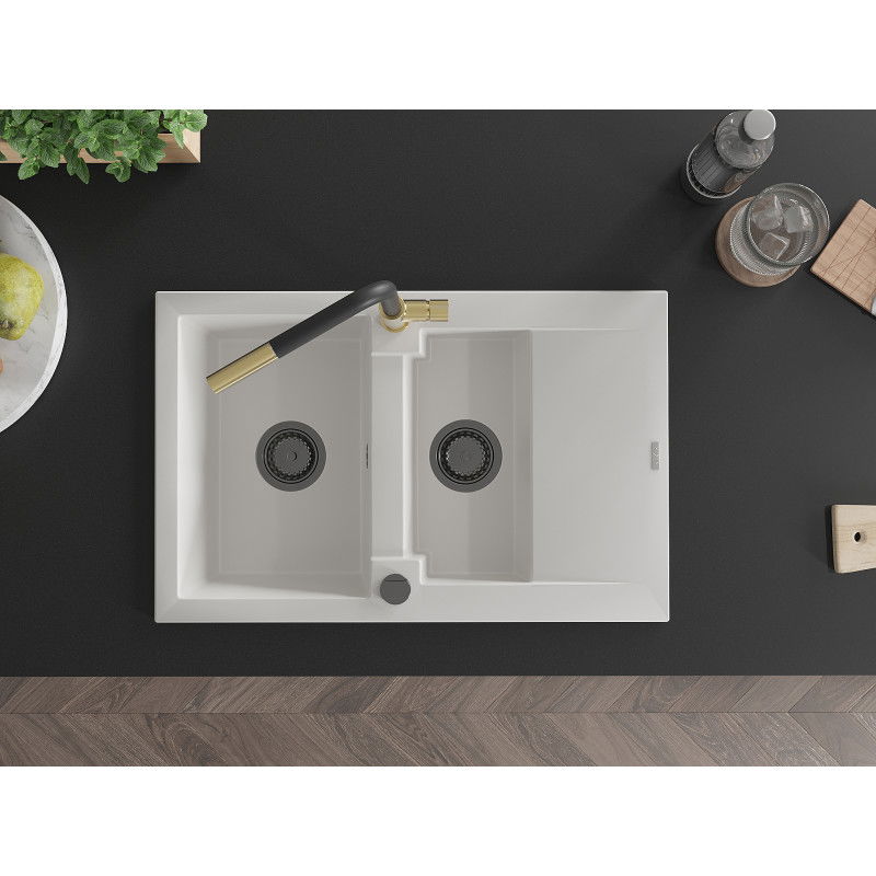 Mexen Gaspar granitový dřez 1,5-komorový s odkapávačem a kuchyňskou baterií Flora, bílý - 6507-20-670401-57-B
