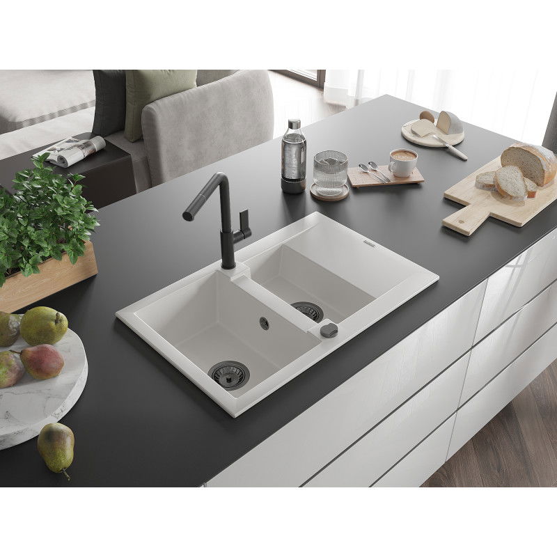 Mexen Gaspar granitový dřez 1,5-komorový s odkapávačem a kuchyňskou baterií Flora, bílý - 6507-20-670401-70-B