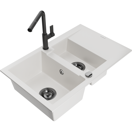 Mexen Gaspar granitový dřez 1,5-komorový s odkapávačem a kuchyňskou baterií Flora, bílý - 6507-20-670401-70-B