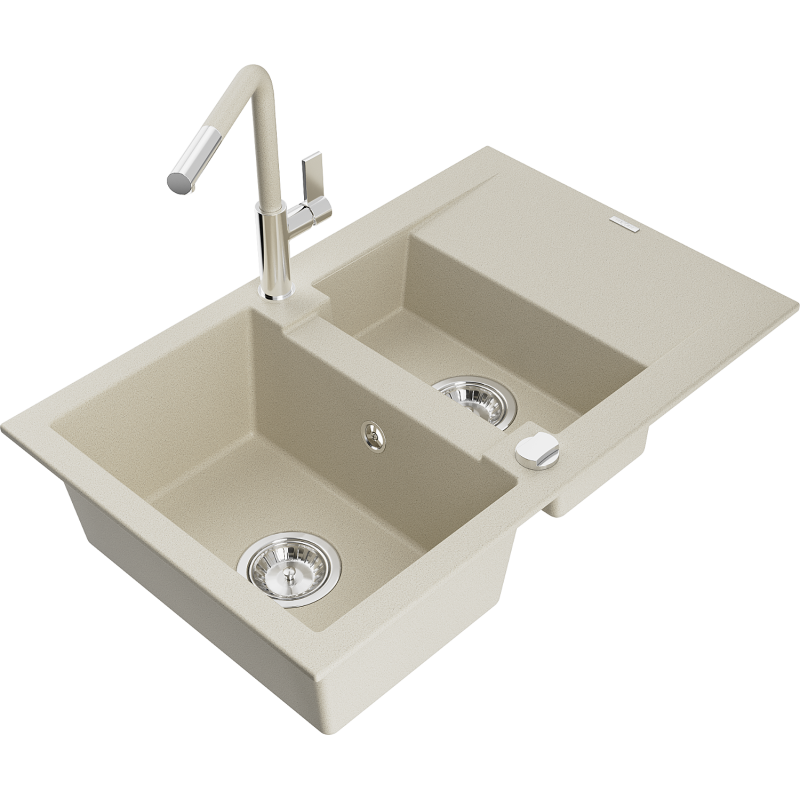 Mexen Gaspar granitový dřez 1,5-komorový s odkapávačem a kuchyňskou baterií Flora, béžový - 6507-69-670401-09