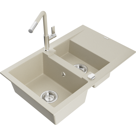 Mexen Gaspar granitový dřez 1,5-komorový s odkapávačem a kuchyňskou baterií Flora, béžový - 6507-69-670401-09