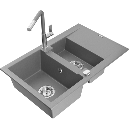Mexen Gaspar žulový dřez s 1,5 komorou s odkapávačem a kuchyňskou baterií Flora, šedý - 6507-71-670401-06