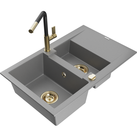 Mexen Gaspar granitový dřez 1,5-komorový s odkapávačem a kuchyňskou baterií Flora, šedý - 6507-71-670401-57-G
