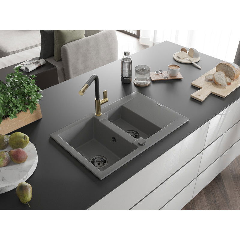 Mexen Gaspar granitový dřez 1,5-komorový s odkapávačem a kuchyňskou baterií Flora, šedý - 6507-71-670401-57-B