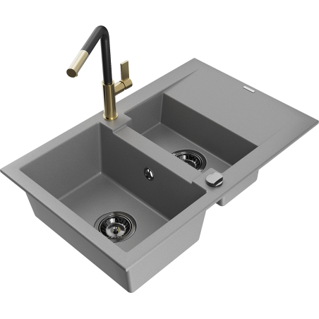 Mexen Gaspar granitový dřez 1,5-komorový s odkapávačem a kuchyňskou baterií Flora, šedý - 6507-71-670401-57-B
