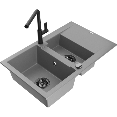 Mexen Gaspar granitový dřez 1,5-komorový s odkapávačem a kuchyňskou baterií Flora, šedý - 6507-71-670401-70-B