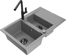 Mexen Gaspar granitový dřez 1,5-komorový s odkapávačem a kuchyňskou baterií Flora, šedý - 6507-71-670401-70-B