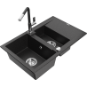 Mexen Gaspar granitový dřez 1,5-komorový s odkapávačem a kuchyňskou baterií Flora, černý/stříbrný - 6507-73-670401-07