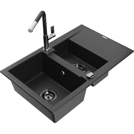 Mexen Gaspar granitový dřez 1,5-komorový s odkapávačem a kuchyňskou baterií Flora, černý/stříbrný - 6507-73-670401-07-B