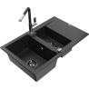 Mexen Gaspar granitový dřez 1,5-komorový s odkapávačem a kuchyňskou baterií Flora, černý/stříbrný - 6507-73-670401-07-B