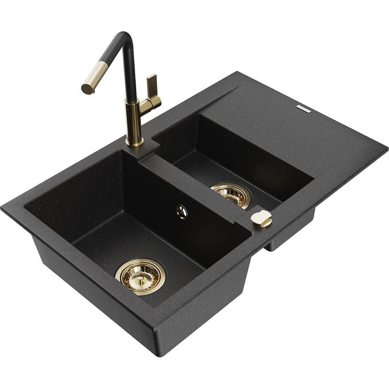 Mexen Gaspar granitový dřez 1,5-komorový s odkapávačem a kuchyňskou baterií Flora, černý/stříbrný - 6507-73-670401-57-G