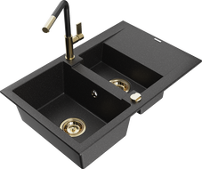 Mexen Gaspar granitový dřez 1,5-komorový s odkapávačem a kuchyňskou baterií Flora, černý/stříbrný