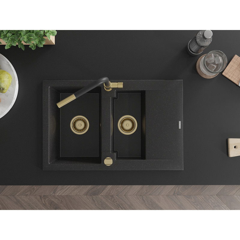 Mexen Gaspar granitový dřez 1,5-komorový s odkapávačem a kuchyňskou baterií Flora, černý/stříbrný - 6507-73-670401-57-G