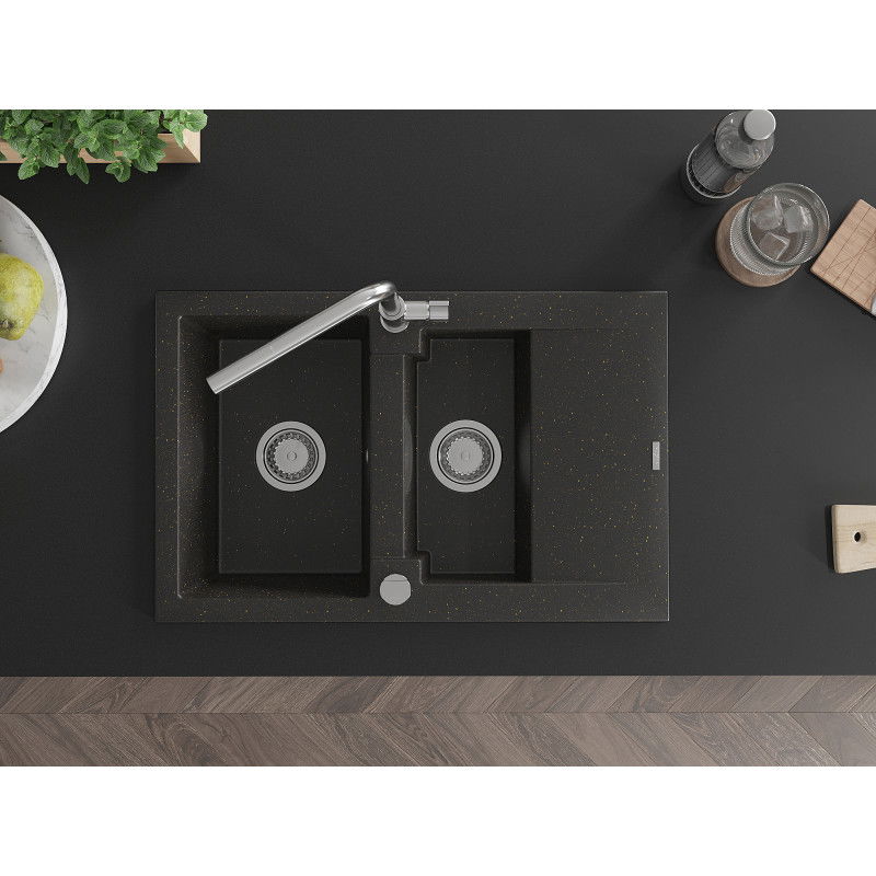 Mexen Gaspar žulový dřez 1,5-komorový s odkapávačem a kuchyňskou baterií Flora, černý/zlatý metalik - 6507-75-670401-00