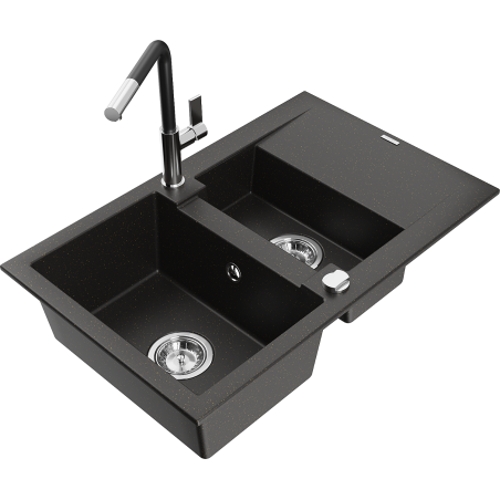 Mexen Gaspar granitový dřez 1,5-komorový s odkapávačem a kuchyňskou baterií Flora, černý/zlatý metalik - 6507-75-670401-07