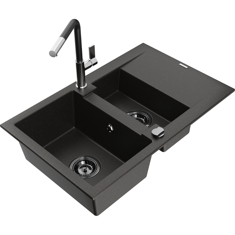 Mexen Gaspar granitový dřez 1,5-komorový s odkapávačem a kuchyňskou baterií Flora, černý/zlatý - 6507-75-670401-07-B