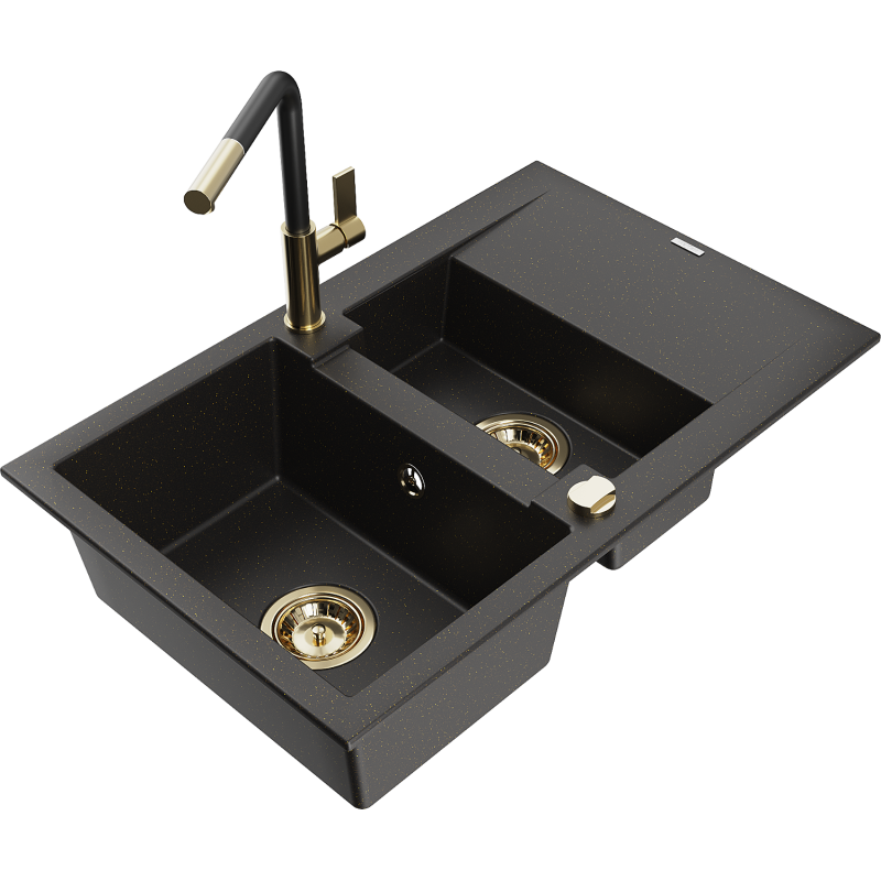 Mexen Gaspar granitový dřez 1,5-komorový s odkapávačem a kuchyňskou baterií Flora, černý/zlatý - 6507-75-670401-57-G