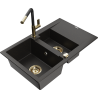 Mexen Gaspar granitový dřez 1,5-komorový s odkapávačem a kuchyňskou baterií Flora, černý/zlatý - 6507-75-670401-57-G