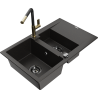 Mexen Gaspar žulový dřez 1,5-komorový s odkapávačem a kuchyňskou baterií Flora, černý/zlatý - 6507-75-670401-57-B