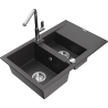 Mexen Gaspar žulový dřez 1,5-komorový s odkapávačem a kuchyňskou baterií Flora, černý s kropením - 6507-76-670401-00