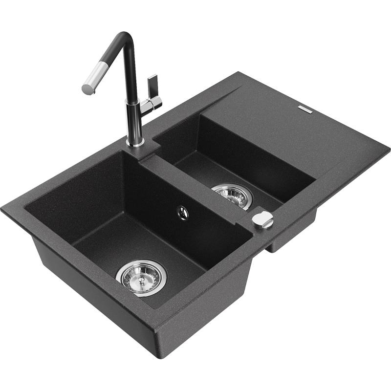 Mexen Gaspar dřez granitový 1,5-komorový s odkapávačem a kuchyňskou baterií Flora, černý skvrnitý - 6507-76-670401-07