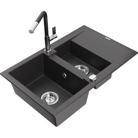 Mexen Gaspar dřez granitový 1,5-komorový s odkapávačem a kuchyňskou baterií Flora, černý skvrnitý - 6507-76-670401-07