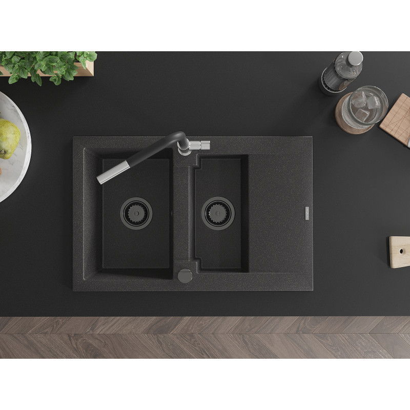 Mexen Gaspar granitový dřez 1,5-komorový s odkapávačem a kuchyňskou baterií Flora, černý s tečkami - 6507-76-670401-07-B