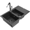 Mexen Gaspar granitový dřez 1,5-komorový s odkapávačem a kuchyňskou baterií Flora, černý s tečkami - 6507-76-670401-07-B