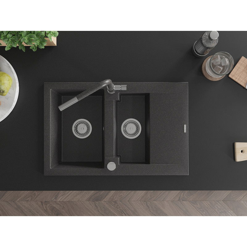 Mexen Gaspar žulový dřez 1,5-komorový s odkapávačem a kuchyňskou baterií Flora, černý kropenatý - 6507-76-670401-08