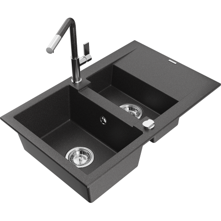 Mexen Gaspar žulový dřez 1,5-komorový s odkapávačem a kuchyňskou baterií Flora, černý kropenatý - 6507-76-670401-08