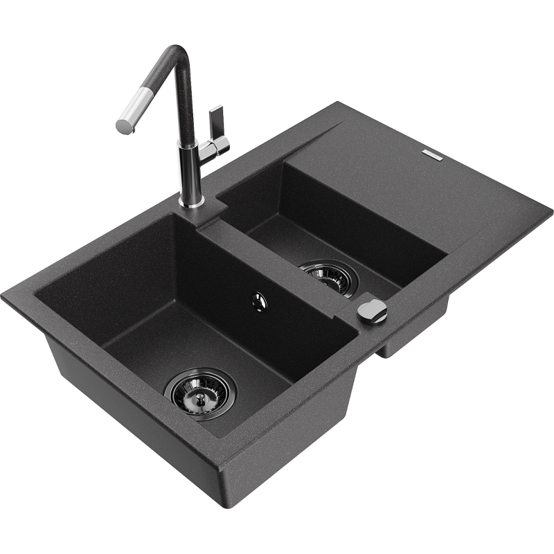 Mexen Gaspar granitový dřez s 1,5 komorou a odkapávačem a kuchyňskou baterií Flora, černý tečkovaný