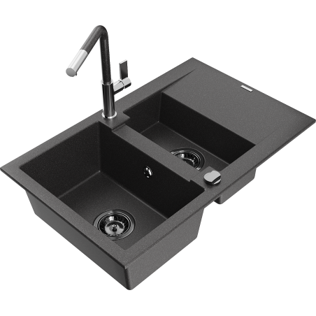 Mexen Gaspar granitový dřez s 1,5 komorou a odkapávačem a kuchyňskou baterií Flora, černý tečkovaný