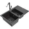 Mexen Gaspar granitový dřez s 1,5 komorou a odkapávačem a kuchyňskou baterií Flora, černý tečkovaný