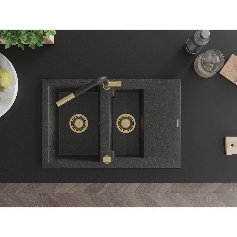 Mexen Gaspar granitový dřez 1,5-komorový s odkapávačem a kuchyňskou baterií Flora, černý kropenatý - 6507-76-670401-57-G